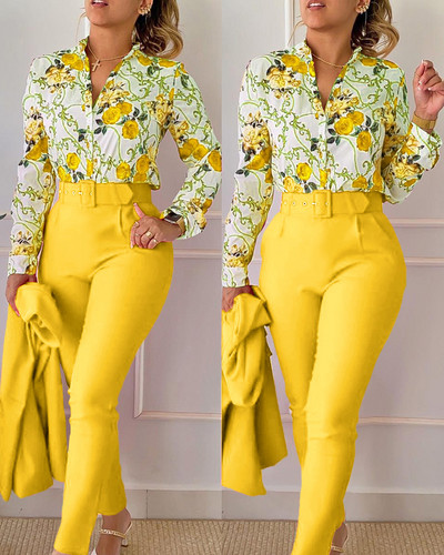 Set pantaloni ocazional cămașă cu mânecă lungă Office Lady Fashion Eleganti cu decolteu în V Pantaloni cu imprimeu floral Set două piese ținută pentru femei 2023