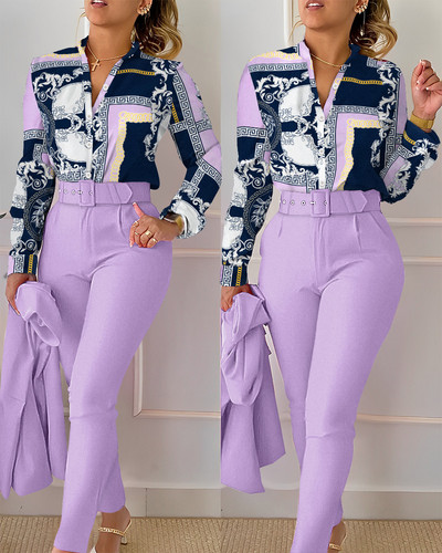 Set pantaloni ocazional cămașă cu mânecă lungă Office Lady Fashion Eleganti cu decolteu în V Pantaloni cu imprimeu floral Set două piese ținută pentru femei 2023