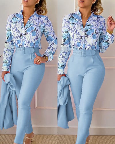 Set pantaloni ocazional cămașă cu mânecă lungă Office Lady Fashion Eleganti cu decolteu în V Pantaloni cu imprimeu floral Set două piese ținută pentru femei 2023