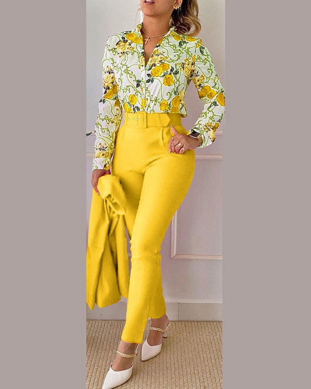Set pantaloni ocazional cămașă cu mânecă lungă Office Lady Fashion Eleganti cu decolteu în V Pantaloni cu imprimeu floral Set două piese ținută pentru femei 2023