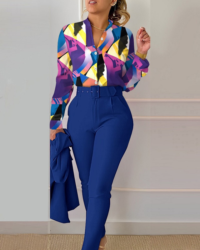 Set pantaloni ocazional cămașă cu mânecă lungă Office Lady Fashion Eleganti cu decolteu în V Pantaloni cu imprimeu floral Set două piese ținută pentru femei 2023