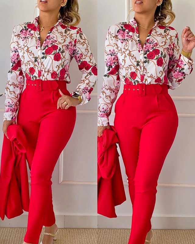 Set pantaloni ocazional cămașă cu mânecă lungă Office Lady Fashion Eleganti cu decolteu în V Pantaloni cu imprimeu floral Set două piese ținută pentru femei 2023