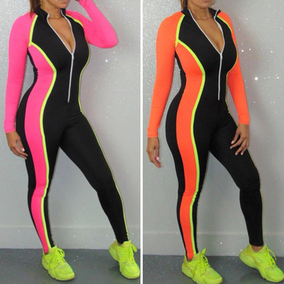 Seksi uski sportski kombinezon kontrastne boje, ženski kombinezon s patentnim zatvaračem i V-izrezom, ležerni kombinezon za fitness