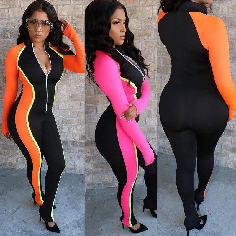 Seksi uski sportski kombinezon kontrastne boje, ženski kombinezon s patentnim zatvaračem i V-izrezom, ležerni kombinezon za fitness