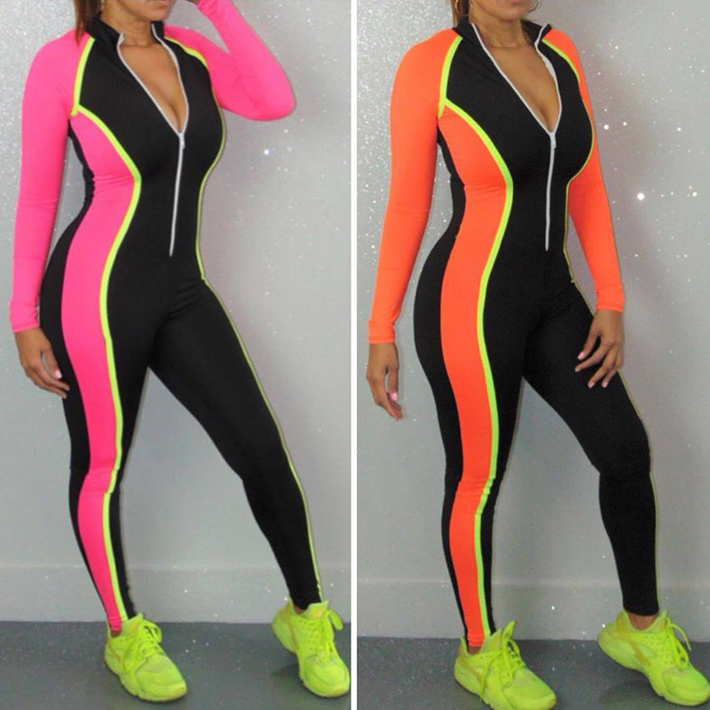 Seksi uski sportski kombinezon kontrastne boje, ženski kombinezon s patentnim zatvaračem i V-izrezom, ležerni kombinezon za fitness