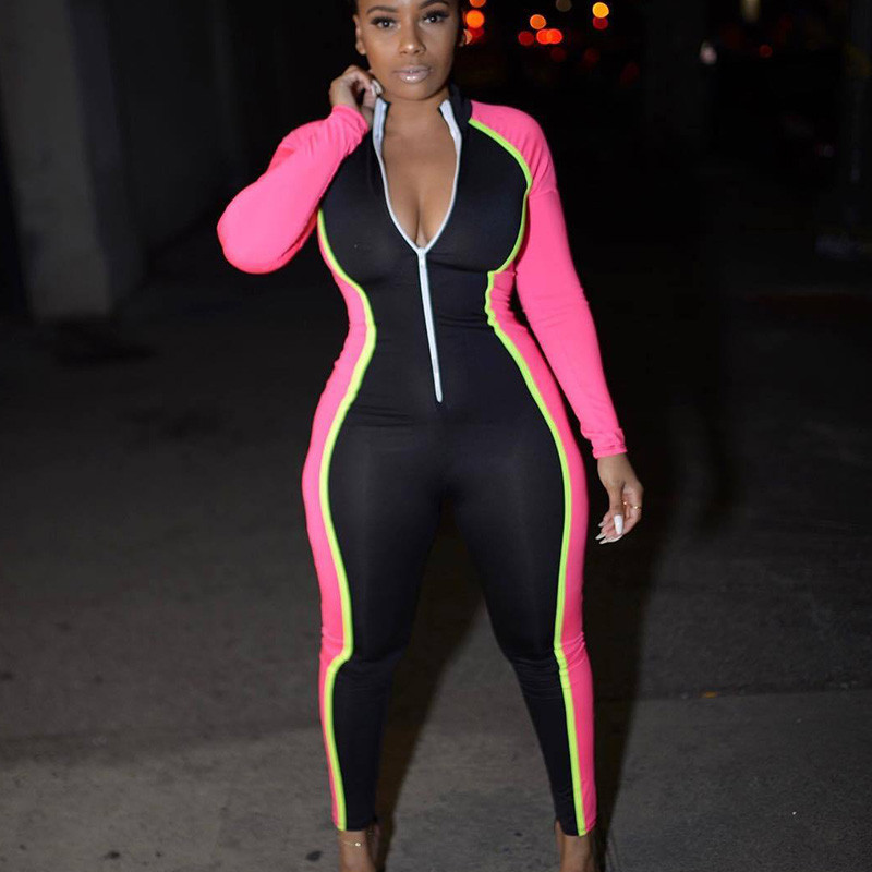 Seksi uski sportski kombinezon kontrastne boje, ženski kombinezon s patentnim zatvaračem i V-izrezom, ležerni kombinezon za fitness