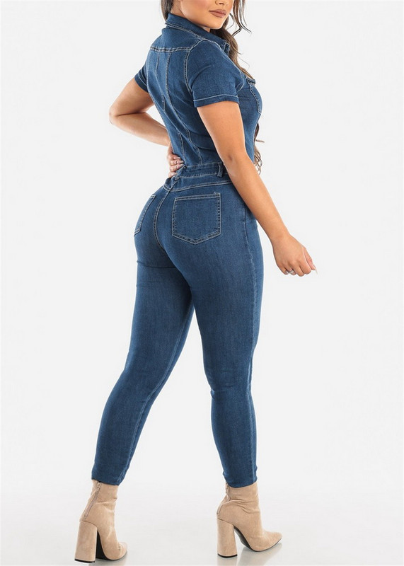 OKAYOASIS Seksi ženske kratke rukave, Ljetni kombinezon od trapera, Gumbi, Elegantne traperice, Ležerne hlače