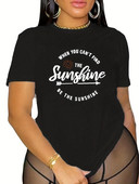 Didelio dydžio laisvalaikio marškinėliai, moteriški saulės ir šūkio raštai trumpomis rankovėmis apvaliais kaklu, vidutinio tempimo