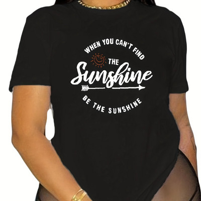 Didelio dydžio laisvalaikio marškinėliai, moteriški saulės ir šūkio raštai trumpomis rankovėmis apvaliais kaklu, vidutinio tempimo