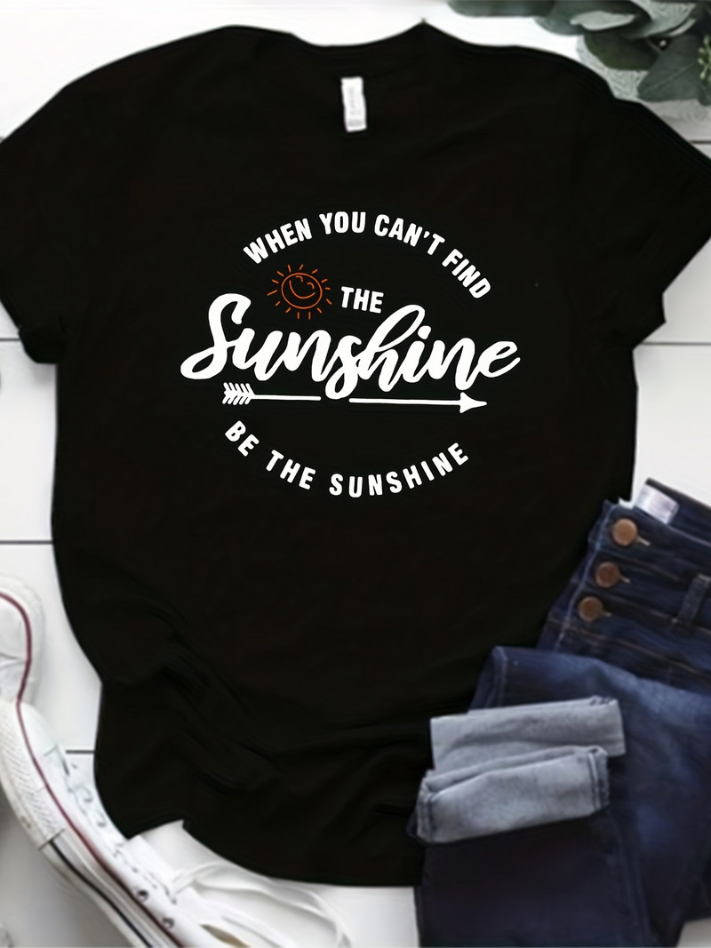 Didelio dydžio laisvalaikio marškinėliai, moteriški saulės ir šūkio raštai trumpomis rankovėmis apvaliais kaklu, vidutinio tempimo