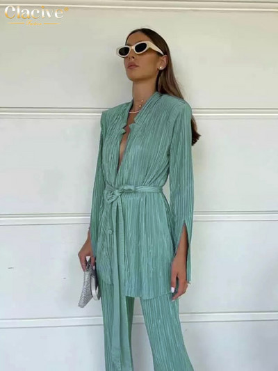 „Clacive Autumn Green“ klostuotų kelnių rinkinys „Bodycon“ perpjautos kelnės, kostiumai, suvarstomi ilgomis rankovėmis, 2 dalių komplektai, moteriški komplektai