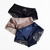 Dámske sexy nohavičky s čipkou v strednom páse, vykladané, z ľadového hodvábu, kvetinové spodné prádlo, jednofarebné priedušné nohavičky