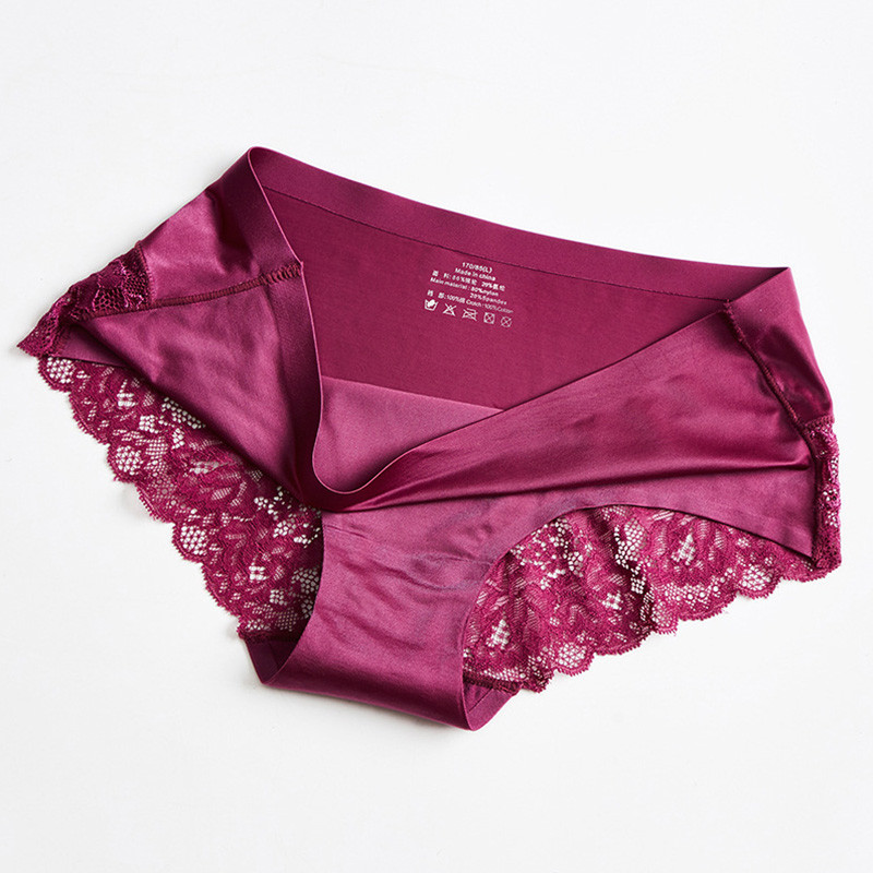 Dámske sexy nohavičky s čipkou v strednom páse, vykladané, z ľadového hodvábu, kvetinové spodné prádlo, jednofarebné priedušné nohavičky