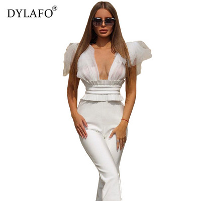 Prozirni mrežasti gornji dio s mašnom Pu kožni kombinezoni bez rukava s dubokim V izrezom, elegantni dugi kombinezon za noćni klub, dugi kombinezon