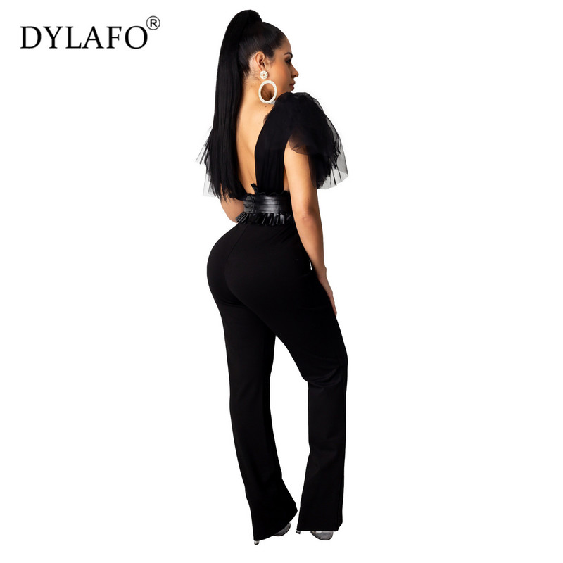 Prozirni mrežasti gornji dio s mašnom Pu kožni kombinezoni bez rukava s dubokim V izrezom, elegantni dugi kombinezon za noćni klub, dugi kombinezon