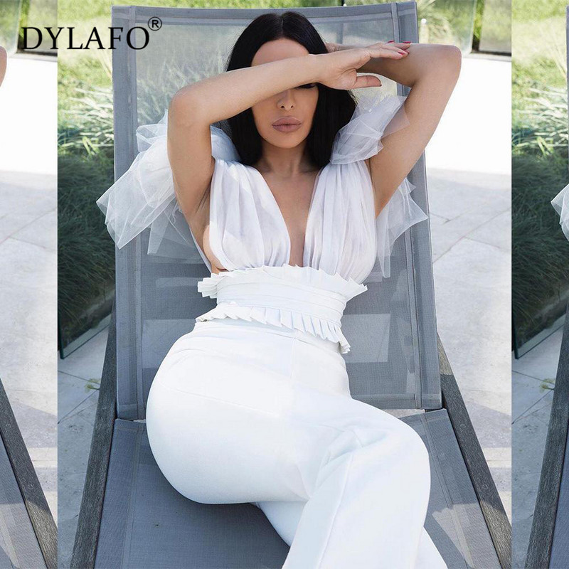 Prozirni mrežasti gornji dio s mašnom Pu kožni kombinezoni bez rukava s dubokim V izrezom, elegantni dugi kombinezon za noćni klub, dugi kombinezon