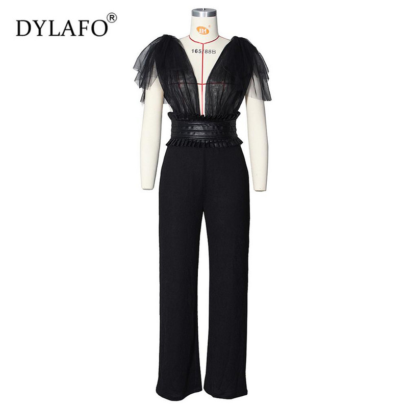 Prozirni mrežasti gornji dio s mašnom Pu kožni kombinezoni bez rukava s dubokim V izrezom, elegantni dugi kombinezon za noćni klub, dugi kombinezon