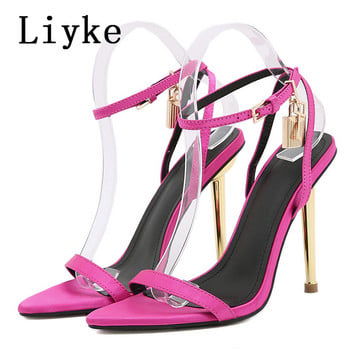 Liyke Летни нови сини дънкови дамски сандали Модни остри отворени пръсти с катарама на глезена Високи токчета Сватбени обувки за стриптийз Помпи