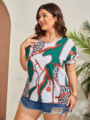 Finjani Allover bluza s šišmiš rukavima s printom, velika ljetna ženska majica lagane i svijetle kože, modni uzorak kratkih rukava