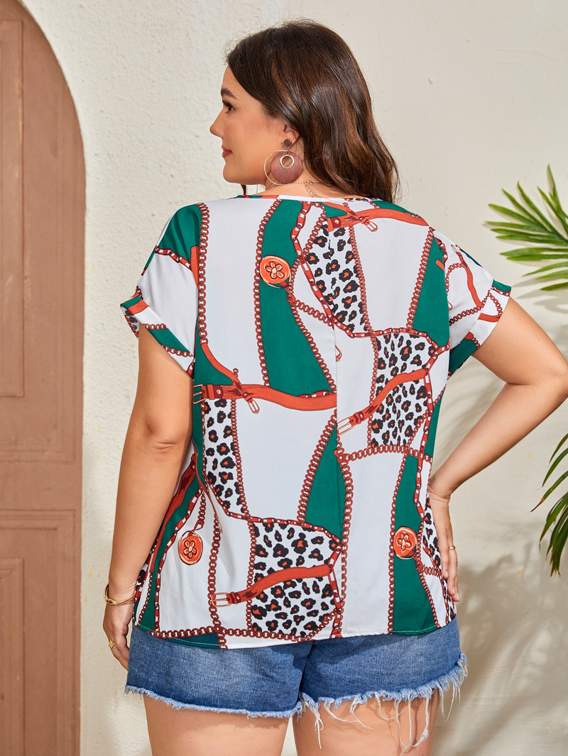 Finjani Allover bluza s šišmiš rukavima s printom, velika ljetna ženska majica lagane i svijetle kože, modni uzorak kratkih rukava