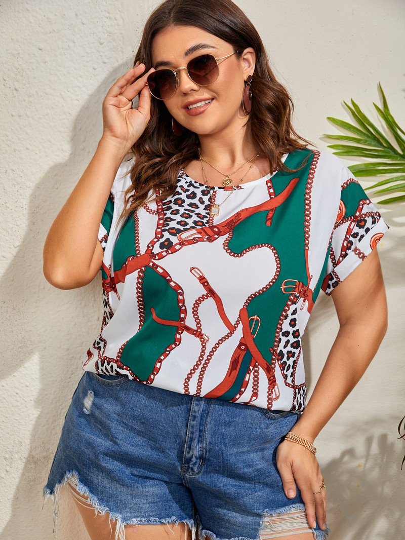 Finjani Allover bluza s šišmiš rukavima s printom, velika ljetna ženska majica lagane i svijetle kože, modni uzorak kratkih rukava