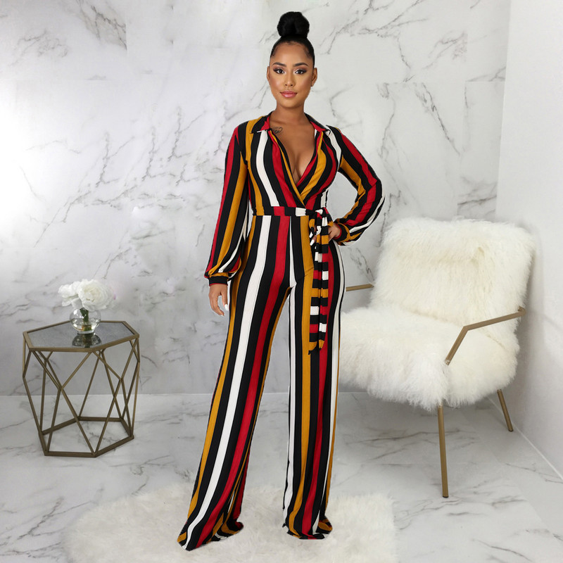 Moteriškas, 2021 m. skaitmeninio spausdinimo juostelės kombinezonas, moteriškas kombinezonas su V kaklu, ilgomis rankovėmis, laisvalaikio, ilga juosta, rudens kombinezonas