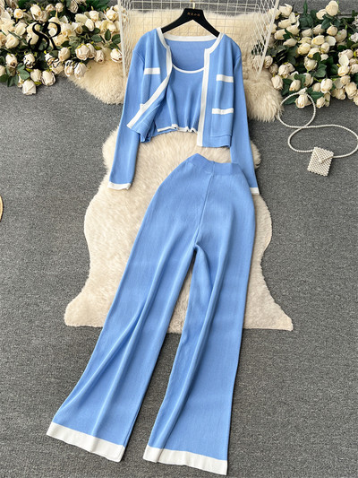 SINGREINY Jesenski pleteni trodijelni kompleti 2023. Tanka majica bez rukava + kratki kardigan s dugim rukavima + elastične duge hlače Modni pulover