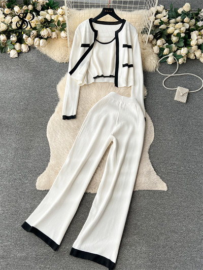 SINGREINY Jesenski pleteni trodijelni kompleti 2023. Tanka majica bez rukava + kratki kardigan s dugim rukavima + elastične duge hlače Modni pulover