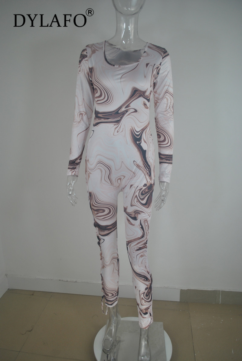 Moteriškos ilgos rankovės seksualus žemo kirpimo, didelio dydžio, pririštas tuščiaviduris, plonas spausdinimo kombinezonas vakarėliui, naktinio klubo mados pagunda