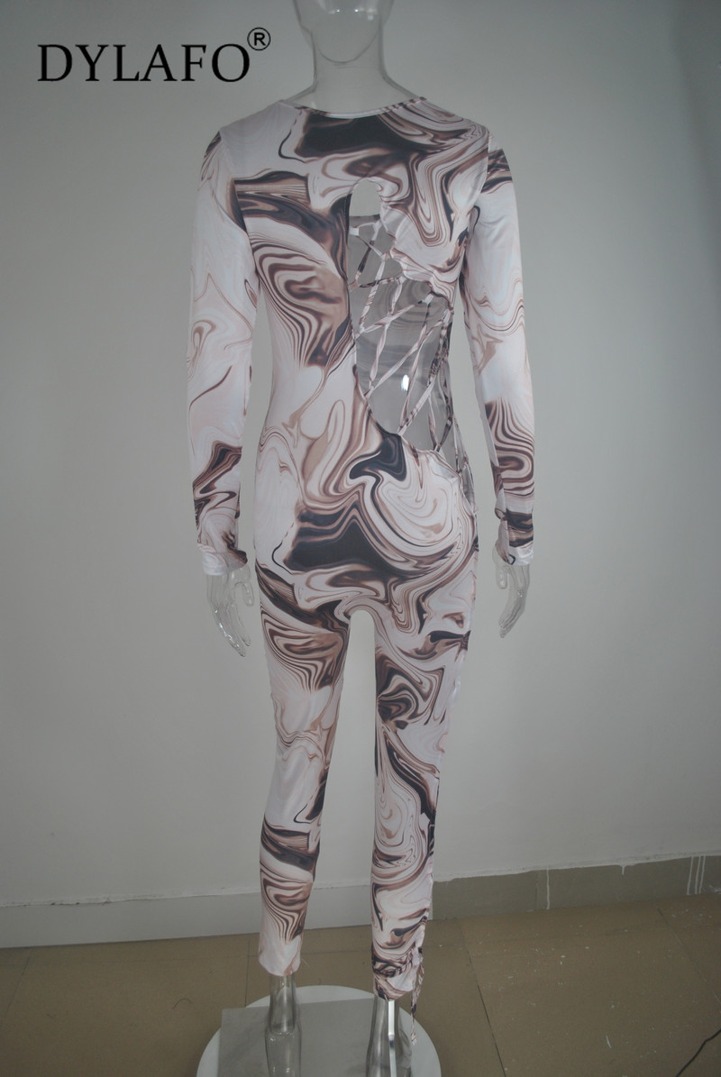 Moteriškos ilgos rankovės seksualus žemo kirpimo, didelio dydžio, pririštas tuščiaviduris, plonas spausdinimo kombinezonas vakarėliui, naktinio klubo mados pagunda