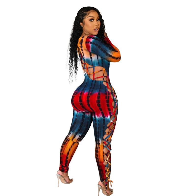 Moteriškos ilgos rankovės seksualus žemo kirpimo, didelio dydžio, pririštas tuščiaviduris, plonas spausdinimo kombinezonas vakarėliui, naktinio klubo mados pagunda