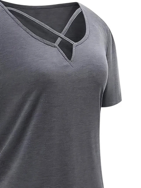 Tricou de damă de mărime plus mare, la modă, solid, cu mânecă scurtă, cu decolteu în V, mai sus, vară, confortabil, respirabil, încrucișat, ocazional, tricou lejer