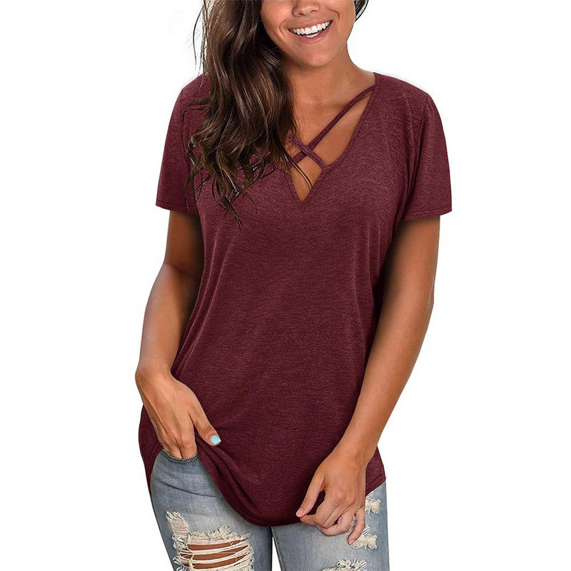 Tricou de damă de mărime plus mare, la modă, solid, cu mânecă scurtă, cu decolteu în V, mai sus, vară, confortabil, respirabil, încrucișat, ocazional, tricou lejer