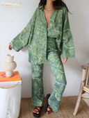 Clacive Fashion Μακρυμάνικο πουκάμισο 2 τεμαχίων Γυναικεία στολή Κομψό, φαρδύ παντελόνι με στάμπα σετ casual γιορτινά παντελόνια κοστούμια γυναικεία