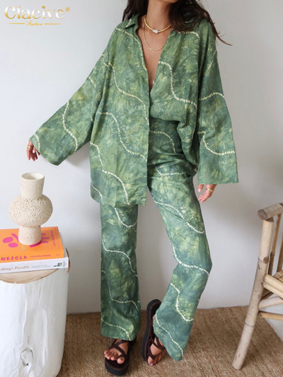 Clacive Fashion Μακρυμάνικο πουκάμισο 2 τεμαχίων Γυναικεία στολή Κομψό, φαρδύ παντελόνι με στάμπα σετ casual γιορτινά παντελόνια κοστούμια γυναικεία