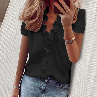 Didelio dydžio moteriški raukiniai trumpomis rankovėmis megztiniai marškinėliai Moteriški laisvalaikio viršūnės V kaklo marškinėliai Palaidinė Aukštos kokybės drabužiai 2023 m.