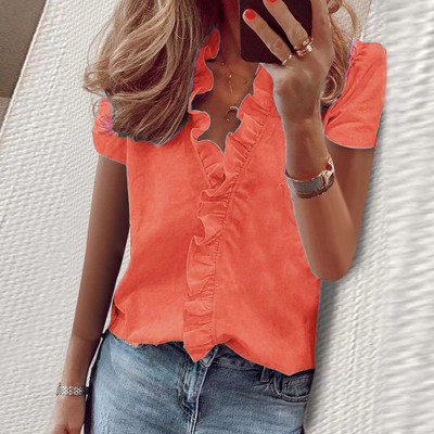 Didelio dydžio moteriški raukiniai trumpomis rankovėmis megztiniai marškinėliai Moteriški laisvalaikio viršūnės V kaklo marškinėliai Palaidinė Aukštos kokybės drabužiai 2023 m.