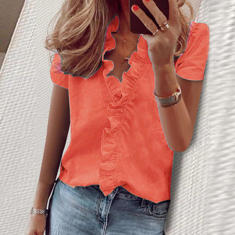 Didelio dydžio moteriški raukiniai trumpomis rankovėmis megztiniai marškinėliai Moteriški laisvalaikio viršūnės V kaklo marškinėliai Palaidinė Aukštos kokybės drabužiai 2023 m.