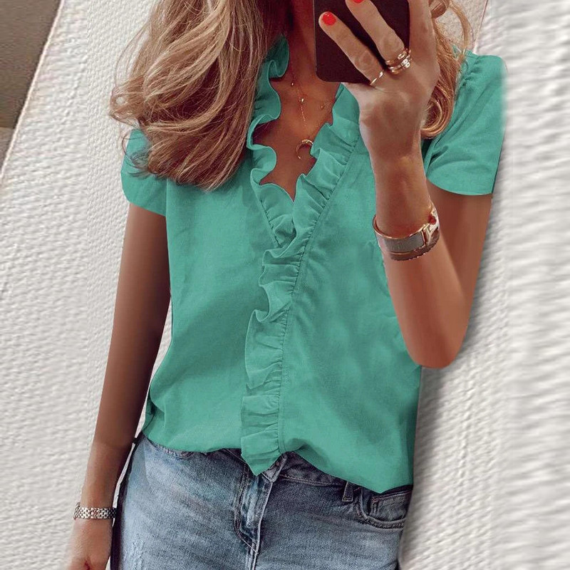 Didelio dydžio moteriški raukiniai trumpomis rankovėmis megztiniai marškinėliai Moteriški laisvalaikio viršūnės V kaklo marškinėliai Palaidinė Aukštos kokybės drabužiai 2023 m.