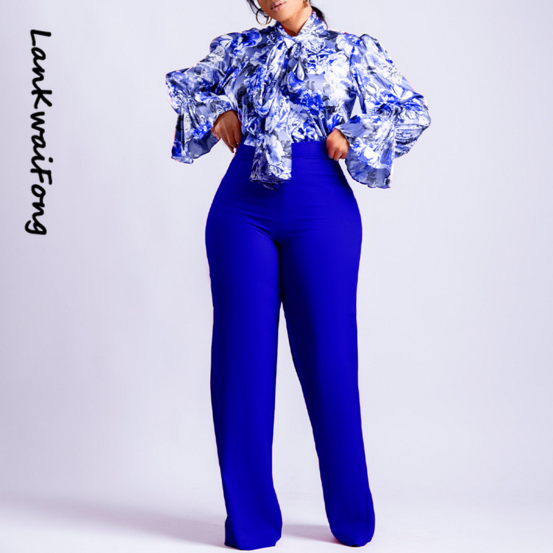 LKF 2023 Nova ženska majica s hlačama od 2 komada s cvjetnim printom Seksi ležerna elegantna odjeća Hlače širokih nogavica na vezanje