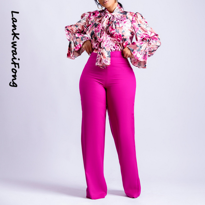 LKF 2023 Nova ženska majica s hlačama od 2 komada s cvjetnim printom Seksi ležerna elegantna odjeća Hlače širokih nogavica na vezanje