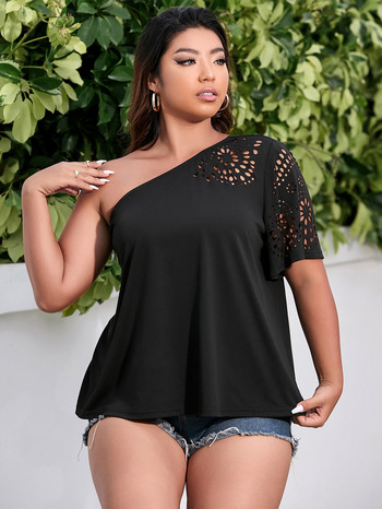 Finjani One Shoulder Laser Cut Tee Plus Size Solid κοντά μανίκια casual γυναικεία μπλουζάκια