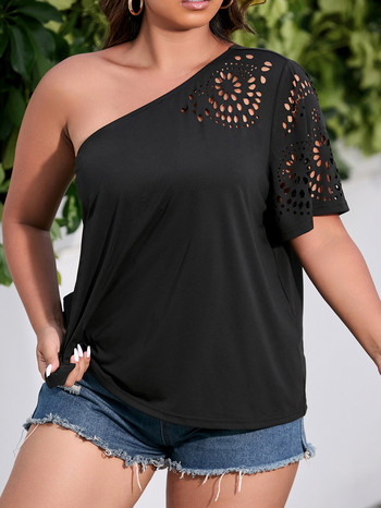 Finjani One Shoulder Laser Cut Tee Plus Size Solid κοντά μανίκια casual γυναικεία μπλουζάκια