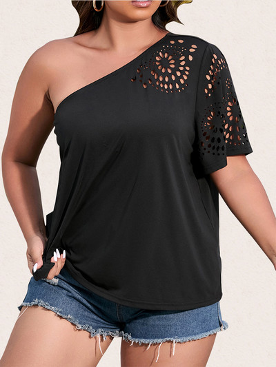 Finjani One Shoulder Laser Cut Tee Plus Size Solid κοντά μανίκια casual γυναικεία μπλουζάκια