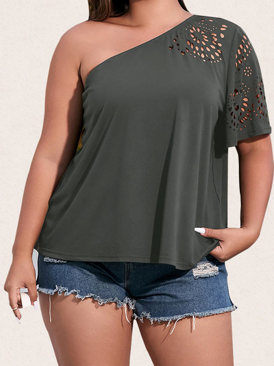 Finjani One Shoulder Laser Cut Tee Plus Size Solid κοντά μανίκια casual γυναικεία μπλουζάκια