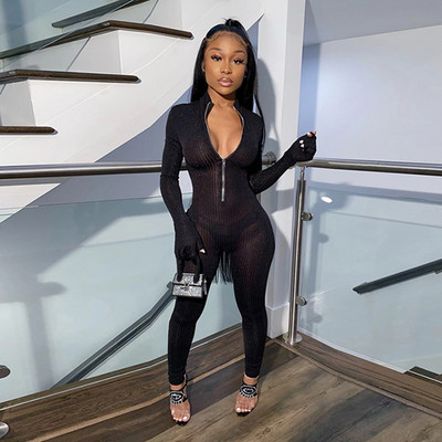 „High Street Party Body Mujer 2020“, naujas moteriškas elegantiškas permatomas plonas putojantis elastingas kombinezonas ilgomis rankovėmis, užtrauktuku „Sprot Fitness“