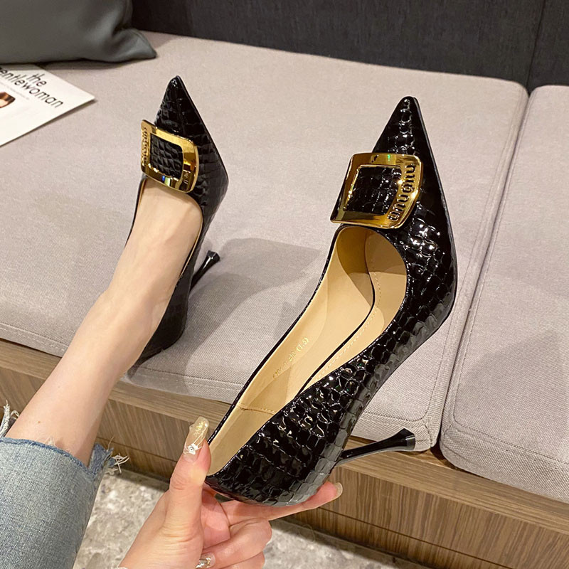 Proljeće jesen Ženske cipele za čamce na visoku petu Lakirane kožne zmijolike cipele Četvrtaste metalne natikače Ženske cipele Crno Žuta 1140N