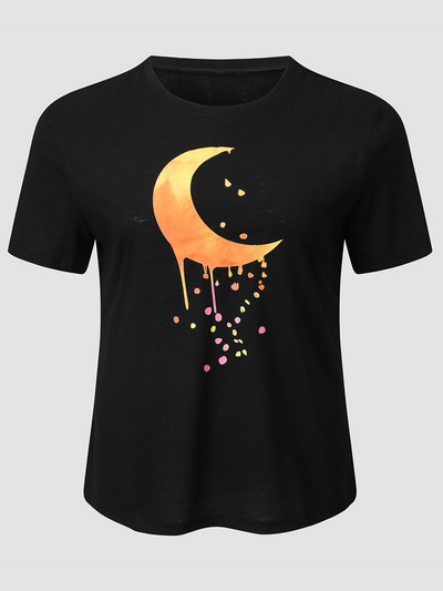 Finjani crna ženska majica kratkih rukava Mjesečev temperament Popularna Ljetna majica s printom s okruglim izrezom Široke majice velikih veličina
