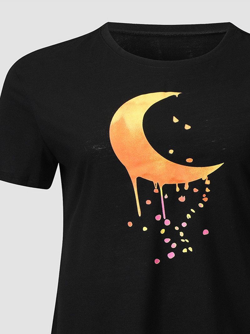 Finjani crna ženska majica kratkih rukava Mjesečev temperament Popularna Ljetna majica s printom s okruglim izrezom Široke majice velikih veličina