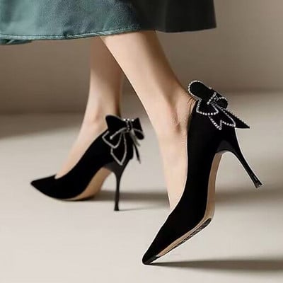 Γυναικείες Pumps Back Κρυστάλλινα Παπούτσια Boat Bow με μυτερές μύτες Stilettos Μαύρο Faux Suede Super ψηλά τακούνια παπούτσια Zapatos Mujer 1298N